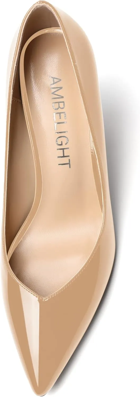 AMBELIGHT Womens Patent Pointed Toe Slip On Dating Dress Ankle Strap Stiletto High Heel Pumps Shoes 3.3 Inch