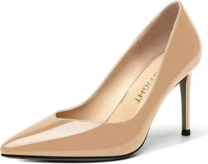 AMBELIGHT Womens Patent Pointed Toe Slip On Dating Dress Ankle Strap Stiletto High Heel Pumps Shoes 3.3 Inch