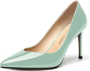 AMBELIGHT Womens Patent Pointed Toe Slip On Dating Dress Ankle Strap Stiletto High Heel Pumps Shoes 3.3 Inch