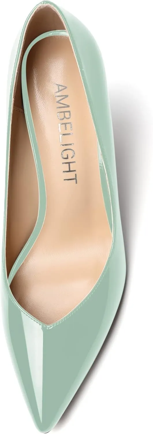AMBELIGHT Womens Patent Pointed Toe Slip On Dating Dress Ankle Strap Stiletto High Heel Pumps Shoes 3.3 Inch