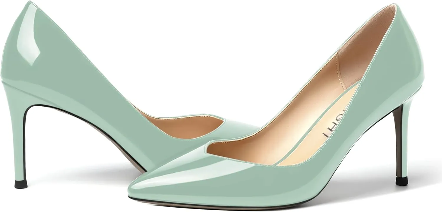 AMBELIGHT Womens Patent Pointed Toe Slip On Dating Dress Ankle Strap Stiletto High Heel Pumps Shoes 3.3 Inch