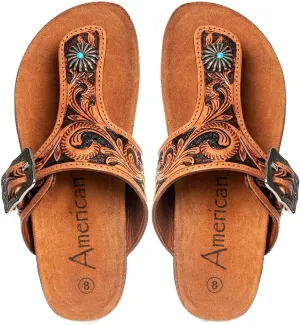 American Darling ADFTE105 Hand tooled carved genuine leather sandal footwear flip flop