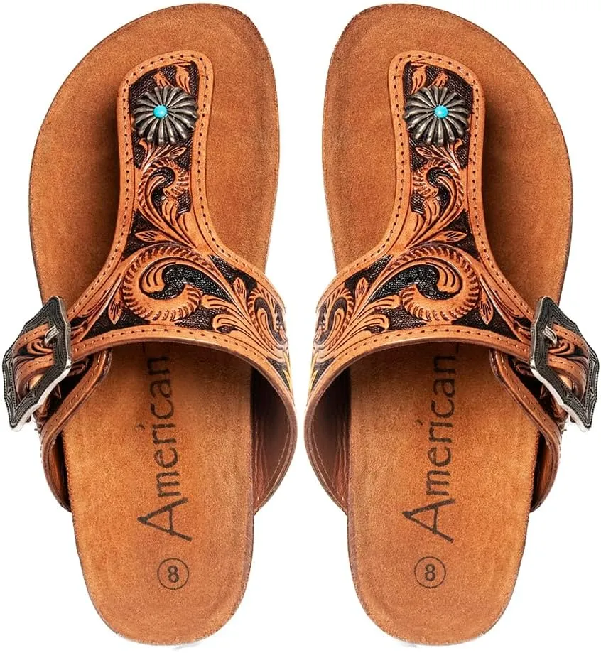 American Darling ADFTE105 Hand tooled carved genuine leather sandal footwear flip flop