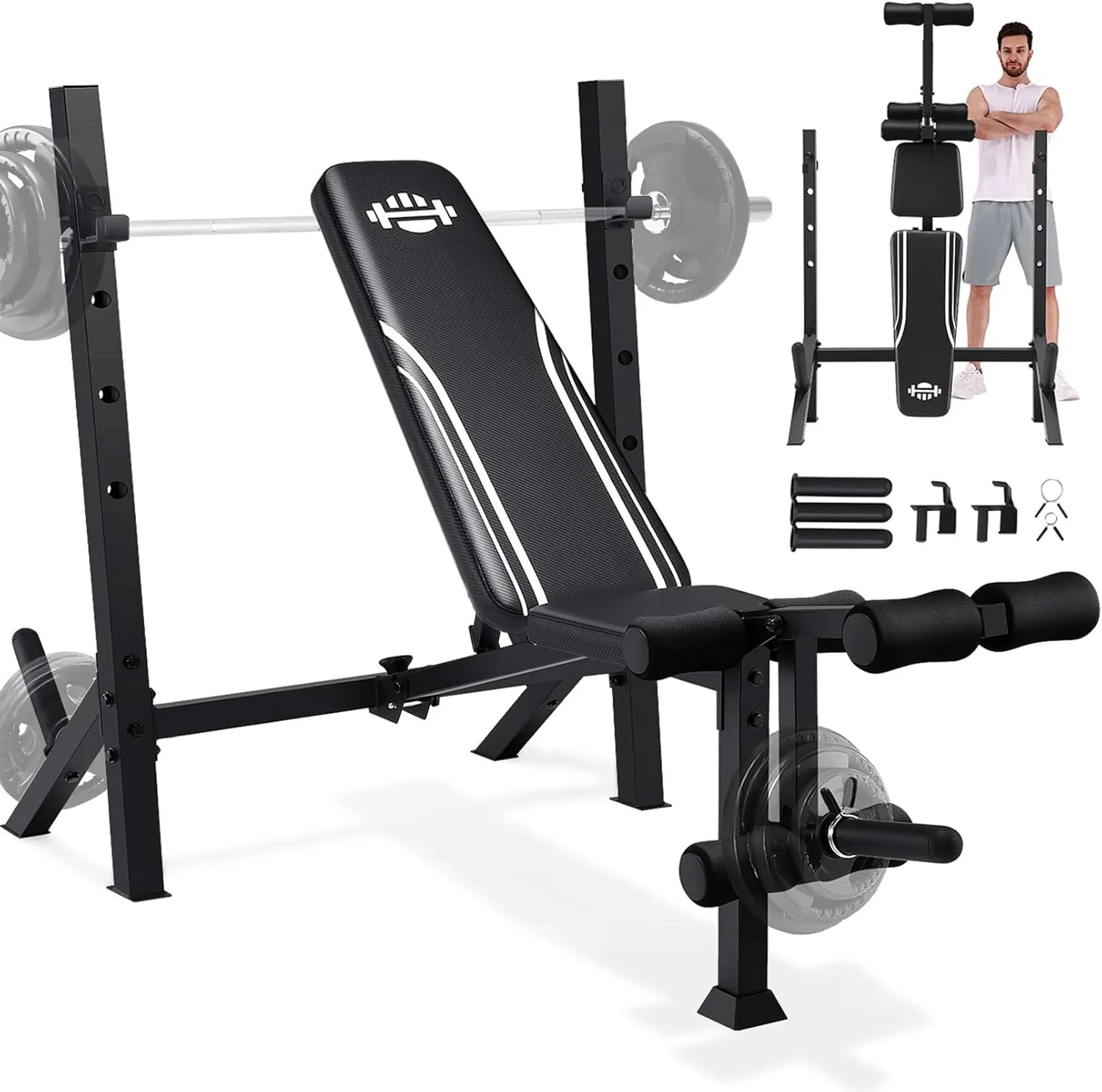 ANCHEER 900LBS Weight Bench Set with Barbell Squat Rack, Foldable Bench Press Set with Leg Extension and Leg Curl, Adjustable Workout Benches for Home Gym, Wider Bigger J Hooks Olympic Sleeves (US Stock)