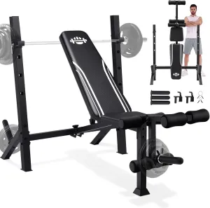 ANCHEER 900LBS Weight Bench Set with Barbell Squat Rack, Foldable Bench Press Set with Leg Extension and Leg Curl, Adjustable Workout Benches for Home Gym, Wider Bigger J Hooks Olympic Sleeves (US Stock)