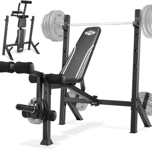 ANCHEER Foldable Weight Bench with Squat Rack Adjustable Bench Press Set for Home Gym Strength Training with Leg Developer, Weight Storage Rod Suitable for 1 & 2 Inch Plates
