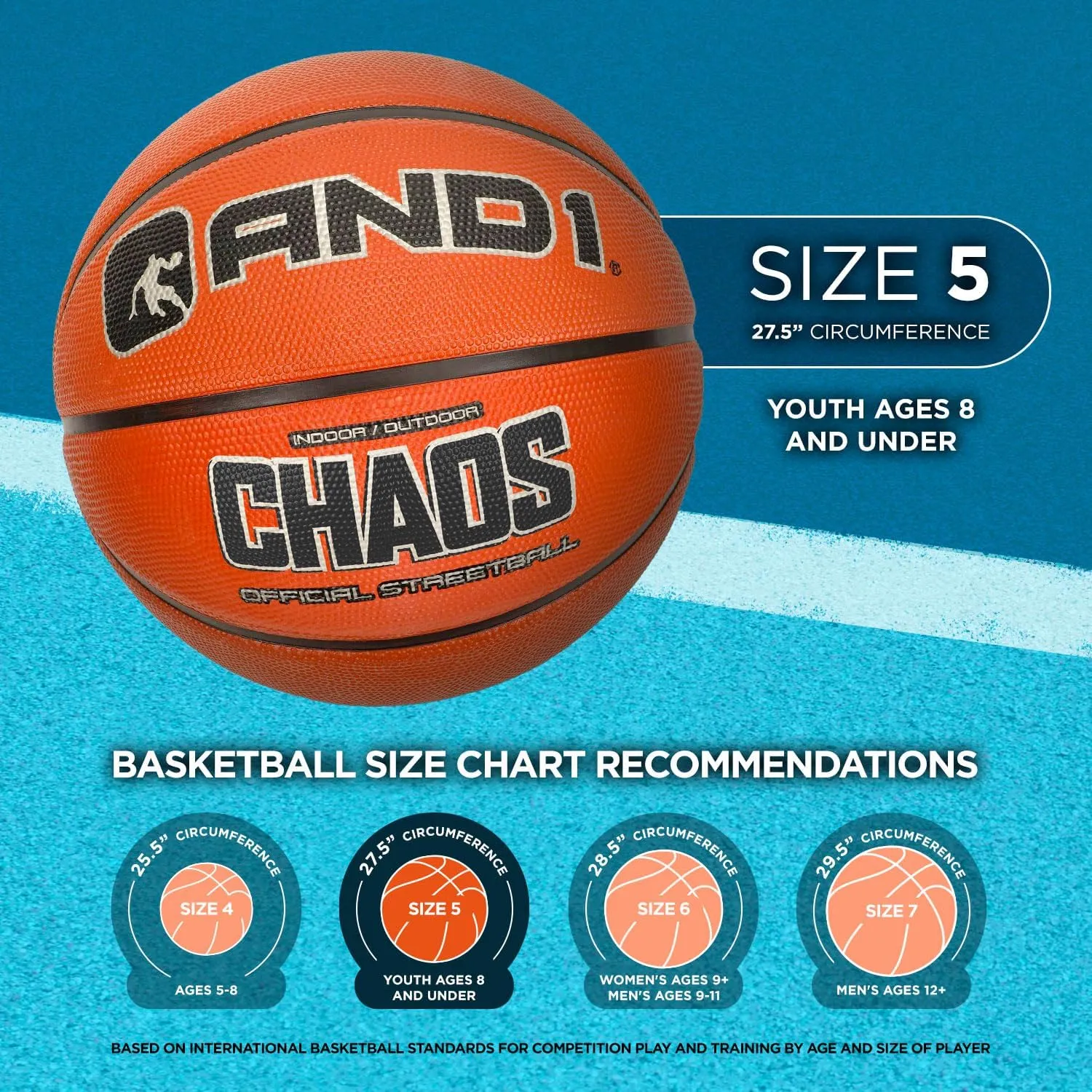 AND1 Street Art 27.5 Basketball : Youth Sized Rubber Streetball for Indoor and Outdoor Use, Deep Channel Construction and Durability, Ideal for Boys and Girls Ages 9-11, Includes 10” Pump
