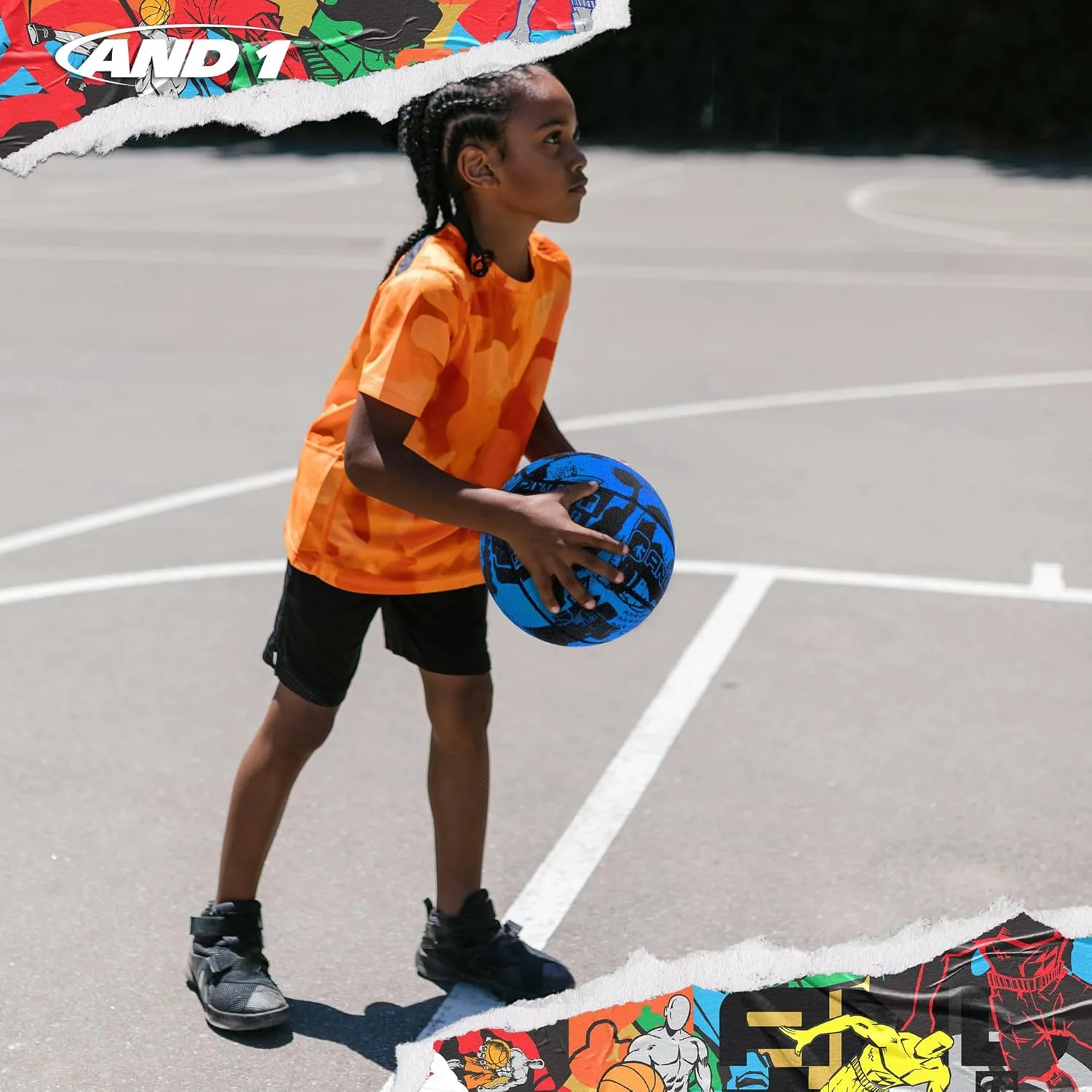 AND1 Street Art 27.5 Basketball : Youth Sized Rubber Streetball for Indoor and Outdoor Use, Deep Channel Construction and Durability, Ideal for Boys and Girls Ages 9-11, Includes 10” Pump