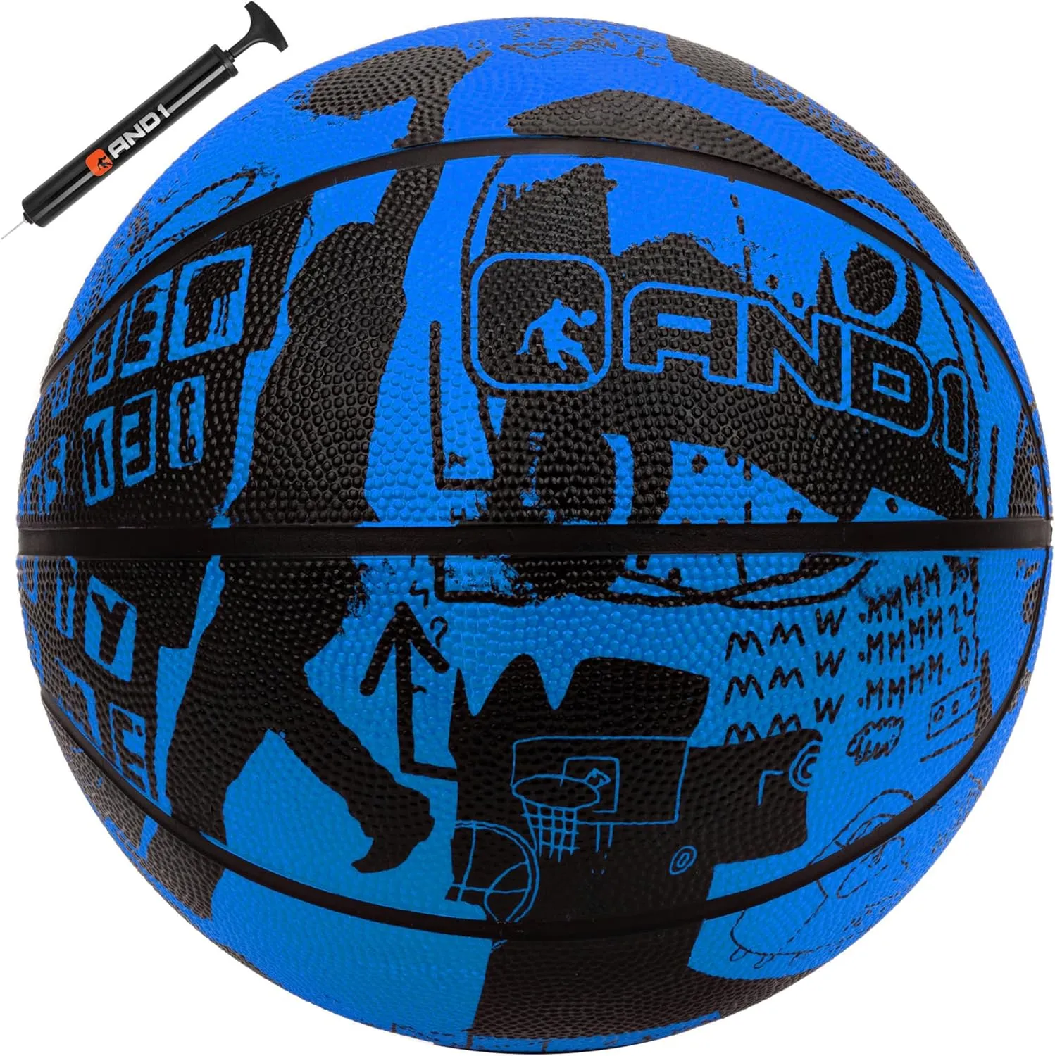 AND1 Street Art 27.5 Basketball : Youth Sized Rubber Streetball for Indoor and Outdoor Use, Deep Channel Construction and Durability, Ideal for Boys and Girls Ages 9-11, Includes 10” Pump