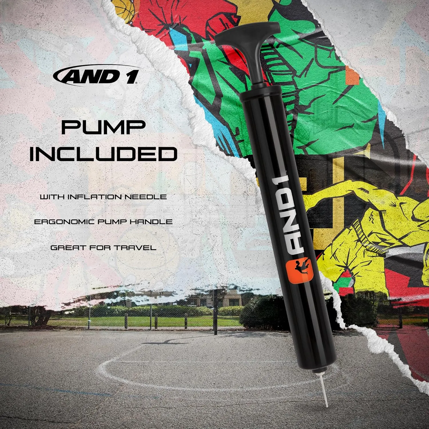 AND1 Street Art 27.5 Basketball : Youth Sized Rubber Streetball for Indoor and Outdoor Use, Deep Channel Construction and Durability, Ideal for Boys and Girls Ages 9-11, Includes 10” Pump