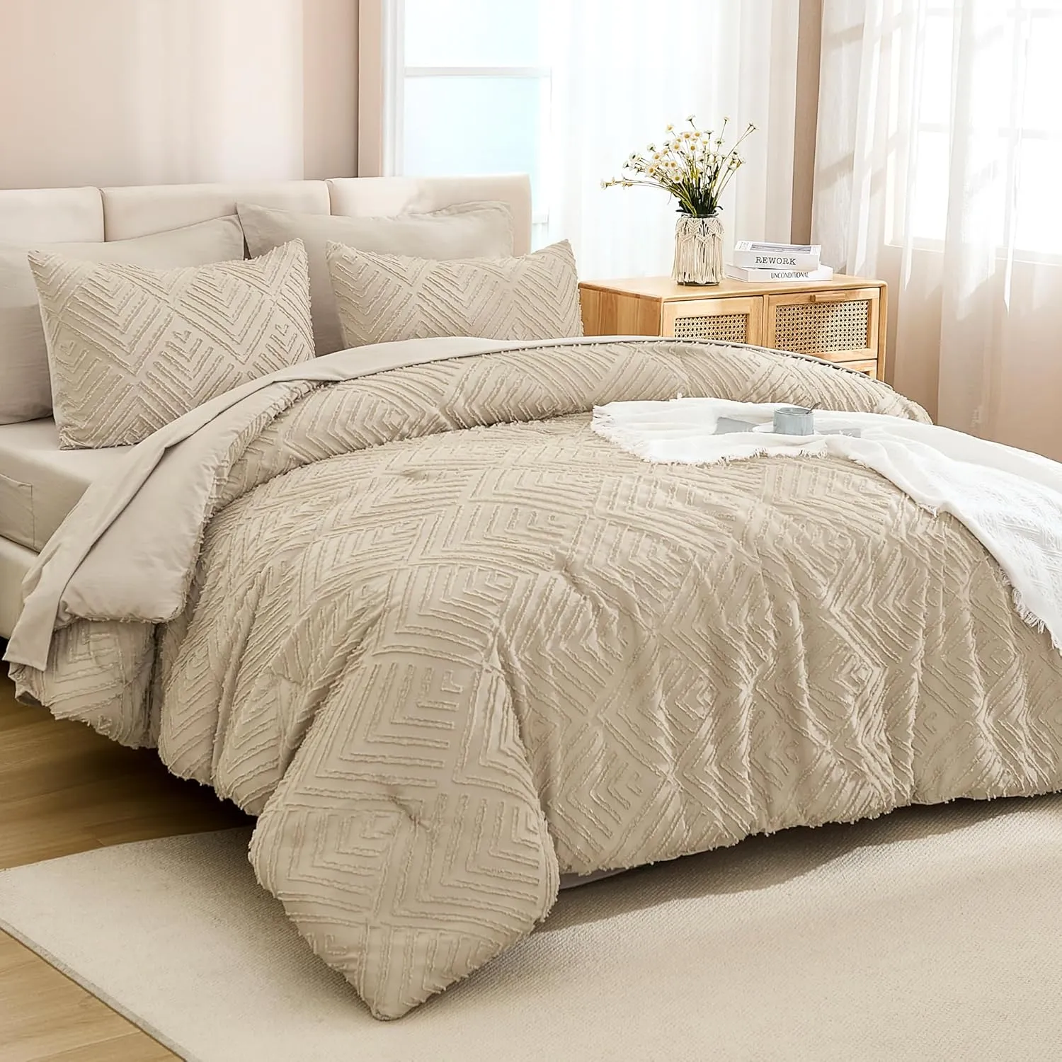 Andency Bed in a Bag King Khaki- 7 Pieces King Size Comforter Set Bedding Comforter Sets, Tufted Lightweight Fluffy Bed Set with Comforter, Sheets, Pillowcases & Shams for All Season