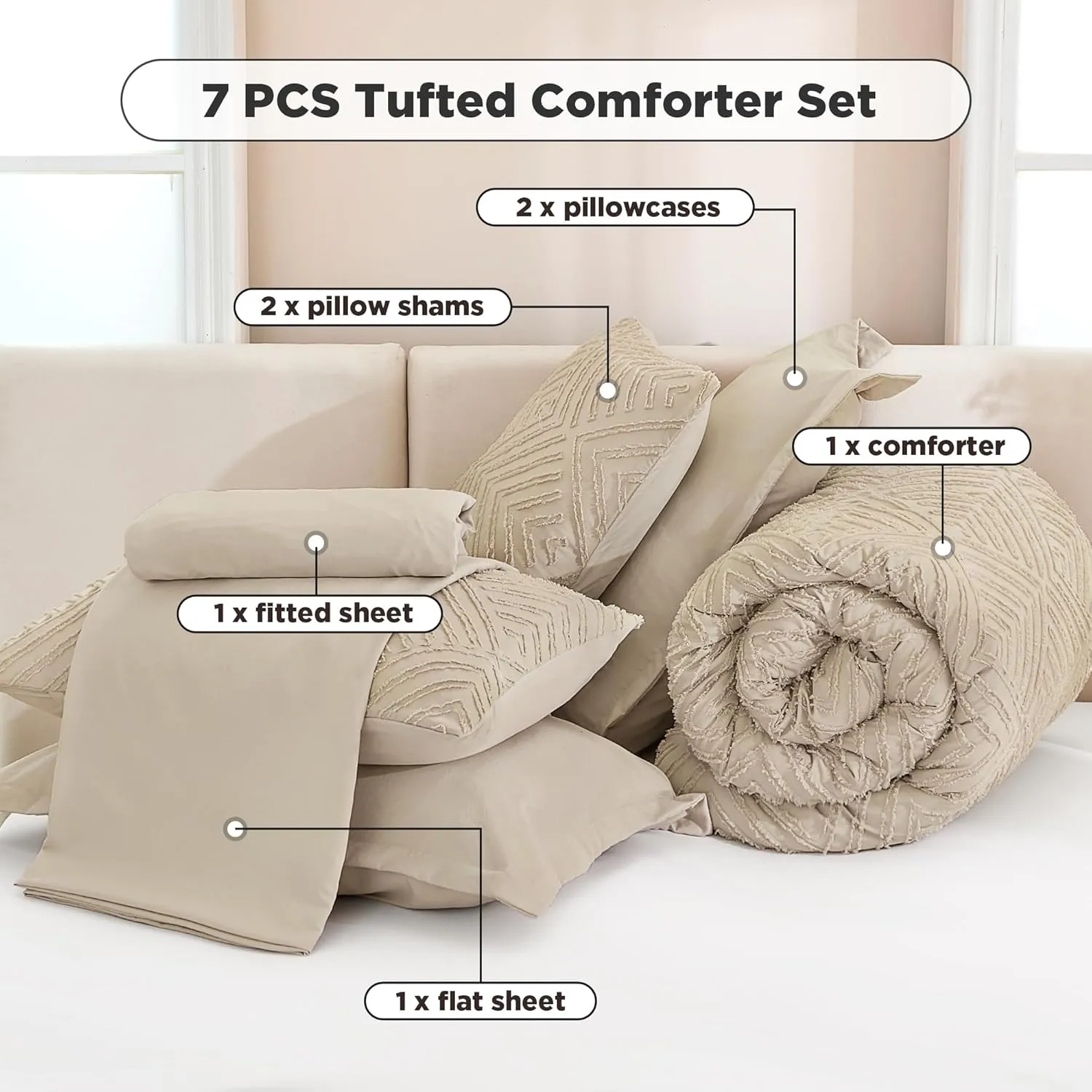 Andency Bed in a Bag King Khaki- 7 Pieces King Size Comforter Set Bedding Comforter Sets, Tufted Lightweight Fluffy Bed Set with Comforter, Sheets, Pillowcases & Shams for All Season