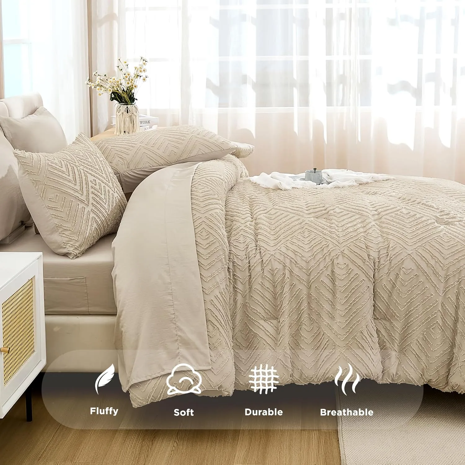 Andency Bed in a Bag King Khaki- 7 Pieces King Size Comforter Set Bedding Comforter Sets, Tufted Lightweight Fluffy Bed Set with Comforter, Sheets, Pillowcases & Shams for All Season