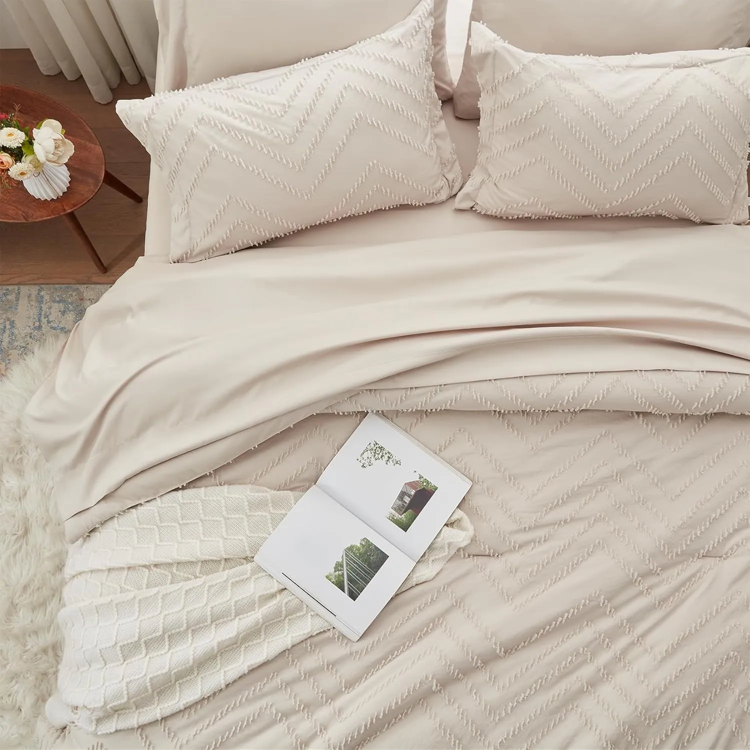 Anluoer Full Comforter Set, Khaki Tufted Bed in a Bag 7 Pieces with comforters and Sheets, All Season Bedding Sets 1 Comforter, 2 PillowShams, Pillowcases, Flat Sheet, Fitted Sheet (ANUS23CF04KA8286)
