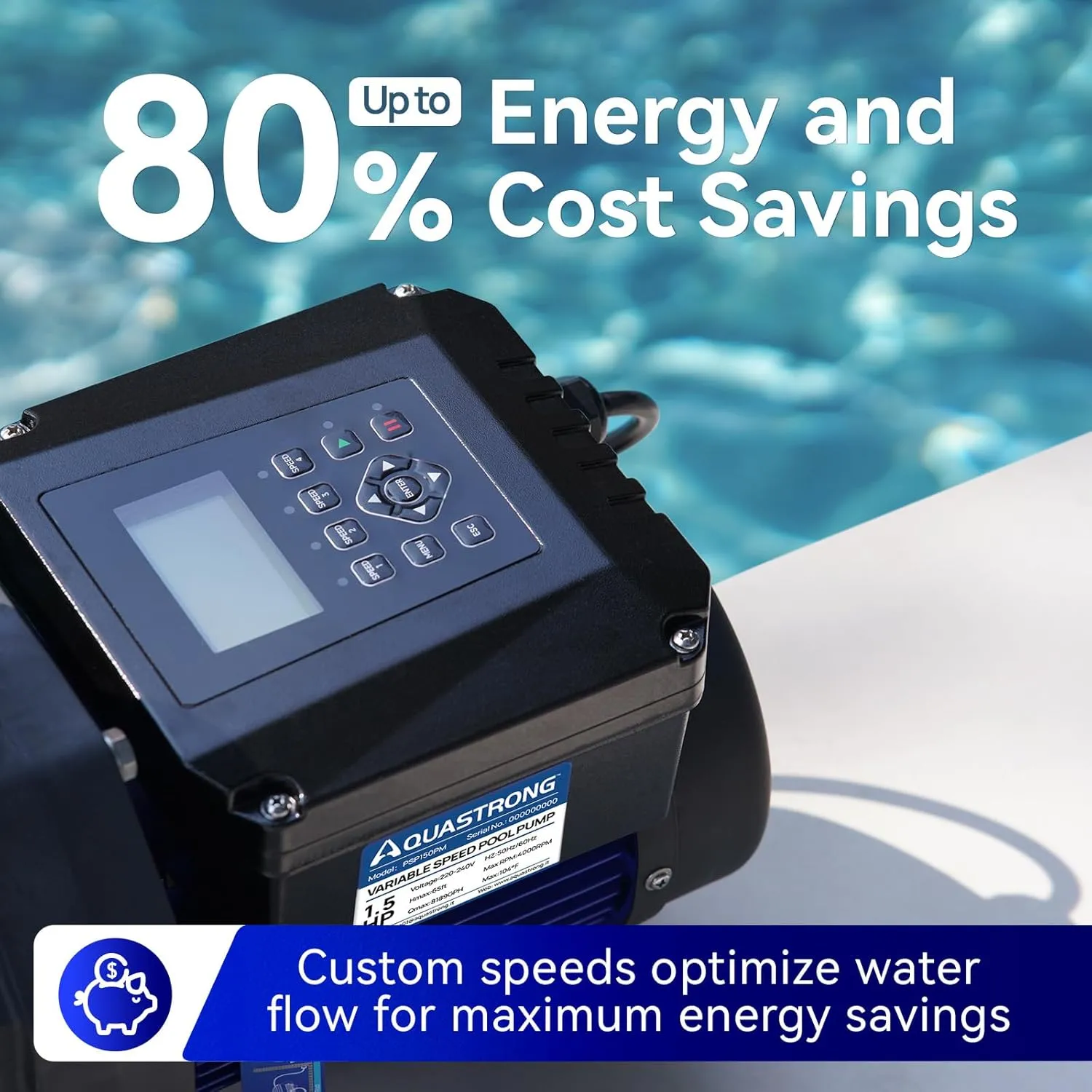 AQUASTRONG Variable Speed Pool Pump, 1.5 HP, 220V, 8189GPH, In/Above Pool Pump, Energy Efficient, High Flow, Powerful Self Primming Swimming Pool Pumps with Filter Basket