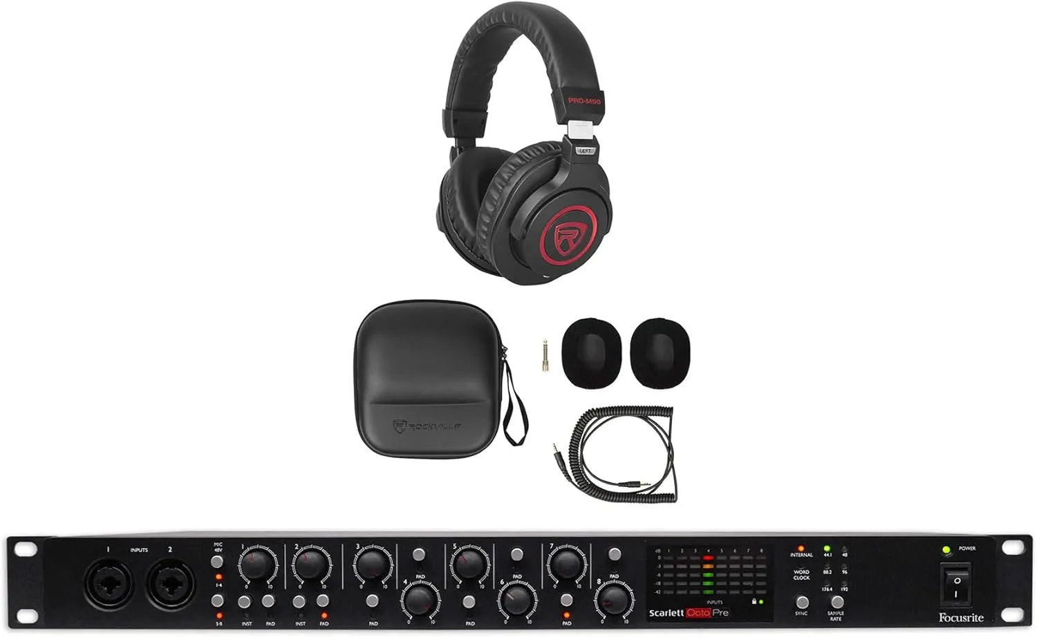 Audiosavings Bundle: (1) Focusrite Scarlett OctoPre 8-Channel Microphone Mic Preamp Bundle with (1) Rockville PRO-M50 SR Studio Headphones Detachable Coil Cable Case Extra Ear Pad (2 Items)