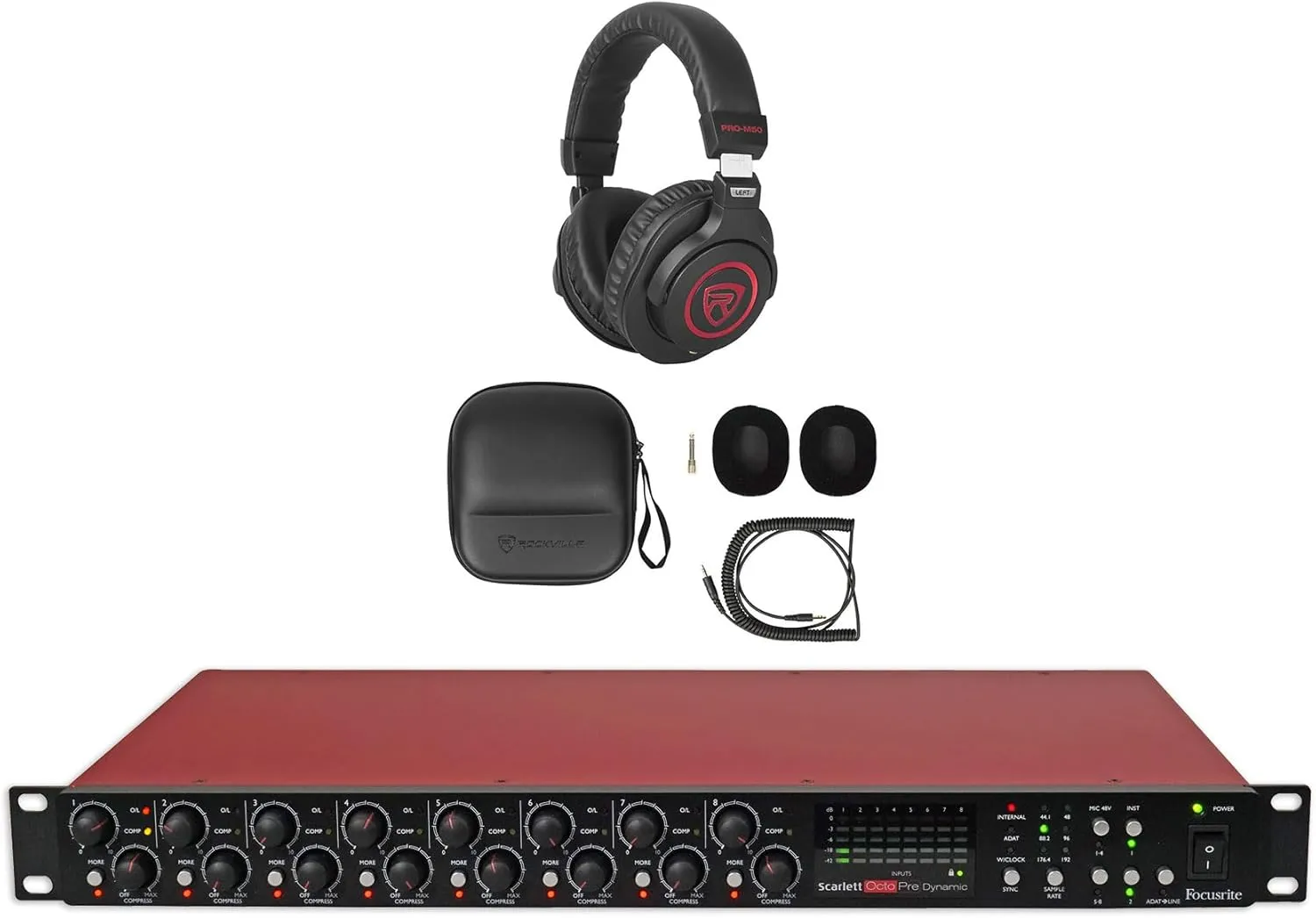 Audiosavings Bundle: (1) Focusrite Scarlett OctoPre Dynamic 8-Channel Microphone Mic Preamp Bundle with (1) Rockville PRO-M50 SR Studio Headphones Detachable Coil Cable (2 Items)