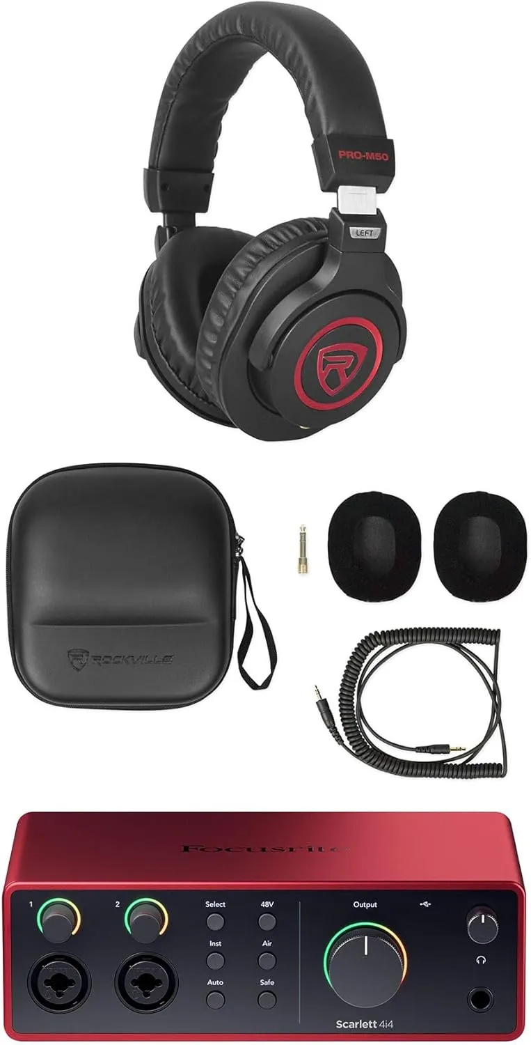 Audiosavings Bundle:(1) Rockville PRO-M50 SR Studio Headphones Detachable Coil Cable  Ear Pad Bundle with (1) Focusrite Scarlett 4i4 4th Gen Studio Recording USB Audio Interface Software (Items 2)