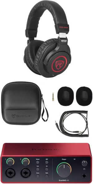 Audiosavings Bundle:(1) Rockville PRO-M50 SR Studio Headphones Detachable Coil Cable  Ear Pad Bundle with (1) Focusrite Scarlett 4i4 4th Gen Studio Recording USB Audio Interface Software (Items 2)