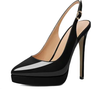AUMOTED Women's High Heels Slingback Platform Pumps Stilettos Close Pointed Toe Heels Patent Solid Dating Party Dress Shoes 4.7 Inch