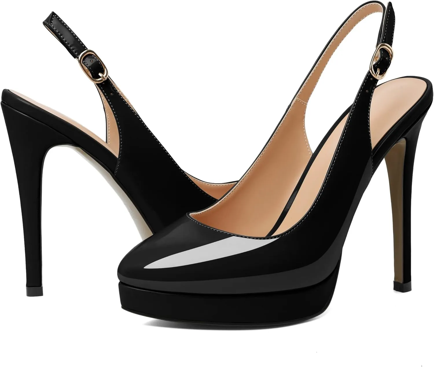 AUMOTED Women's High Heels Slingback Platform Pumps Stilettos Close Pointed Toe Heels Patent Solid Dating Party Dress Shoes 4.7 Inch