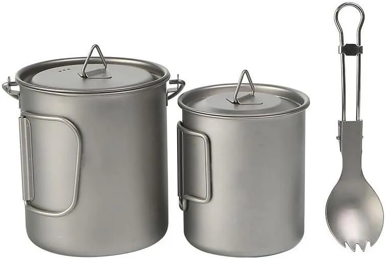 AYULL 3-Piece Set Pure Titanium Hanging Cup 750ML Water Cup 450ML Salad Spoon, Foldable Portable Water Cup Tea Maker Tableware Suitable for Outdoor Travel Or Camping