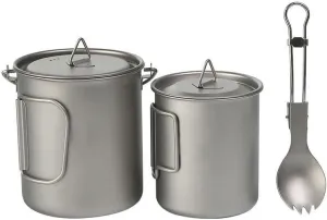 AYULL 3-Piece Set Pure Titanium Hanging Cup 750ML Water Cup 450ML Salad Spoon, Foldable Portable Water Cup Tea Maker Tableware Suitable for Outdoor Travel Or Camping
