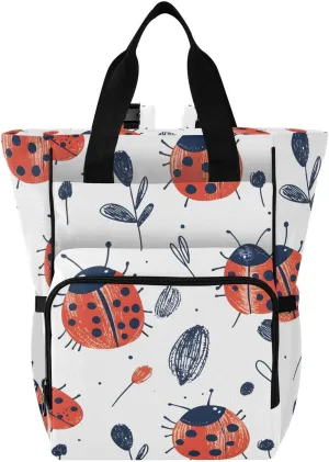 Baby Diaper Bag Backpack Grass Ladybug White Pattern Red Large Tote Baby Bag for Boys, Girls, Waterproof Multi Function Diaper Backpack, Travel Essentials for Moms