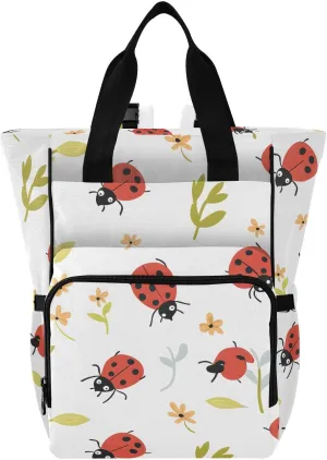 Baby Diaper Bag Backpack Red Ladybug Flowers and Plants Pattern Large Tote Baby Bag for Boys, Girls, Waterproof Multi Function Diaper Backpack, Travel Essentials for Moms