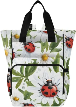 Baby Diaper Bag Backpack Watercolor Daisy Ladybug Pattern Large Tote Baby Bag for Boys, Girls, Waterproof Multi Function Diaper Backpack, Travel Essentials for Moms