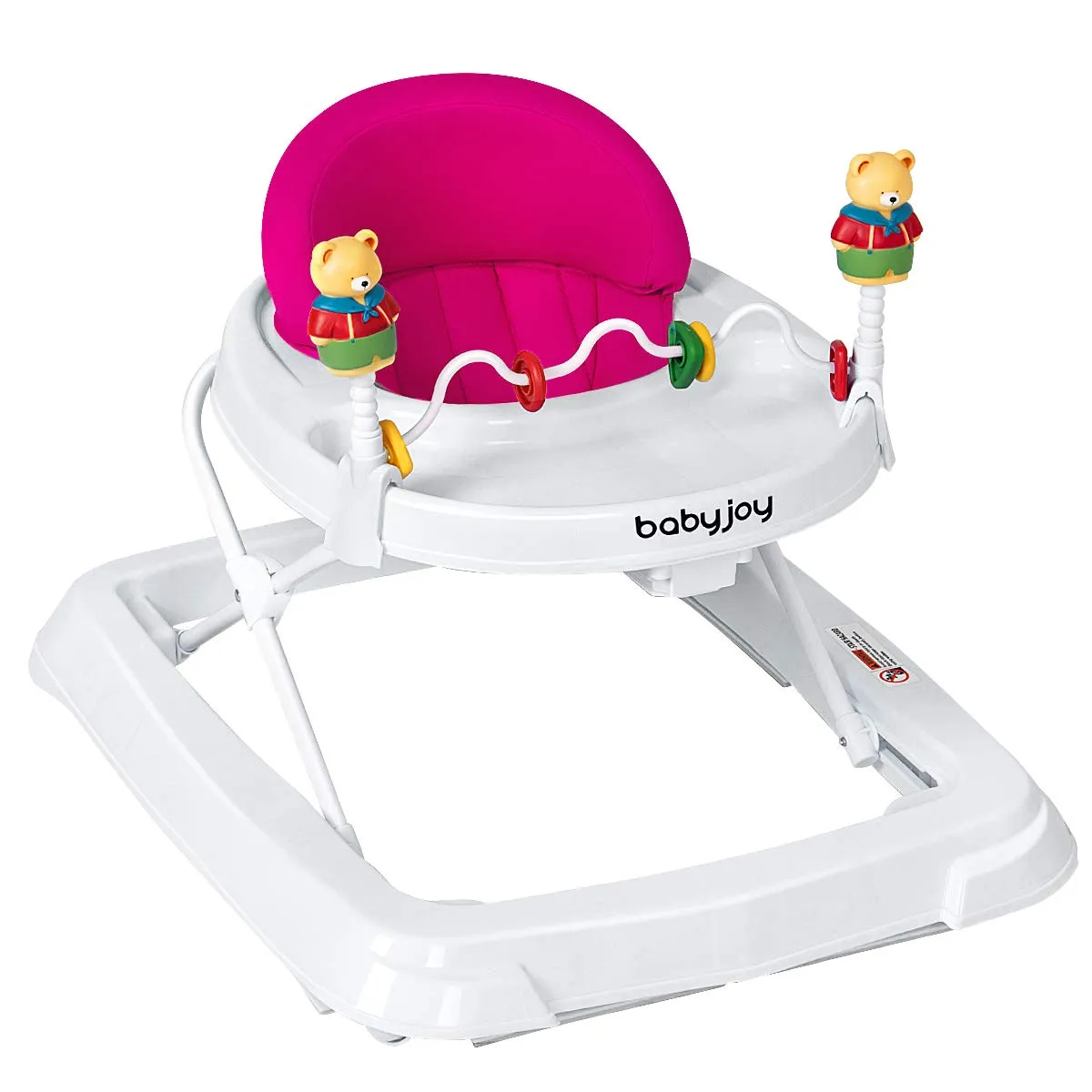 BABY JOY Baby Walker, Foldable Activity Walker Helper with Adjustable Height, Baby Activity Walker with High Back Padded Seat & Bear Toys (Pink)