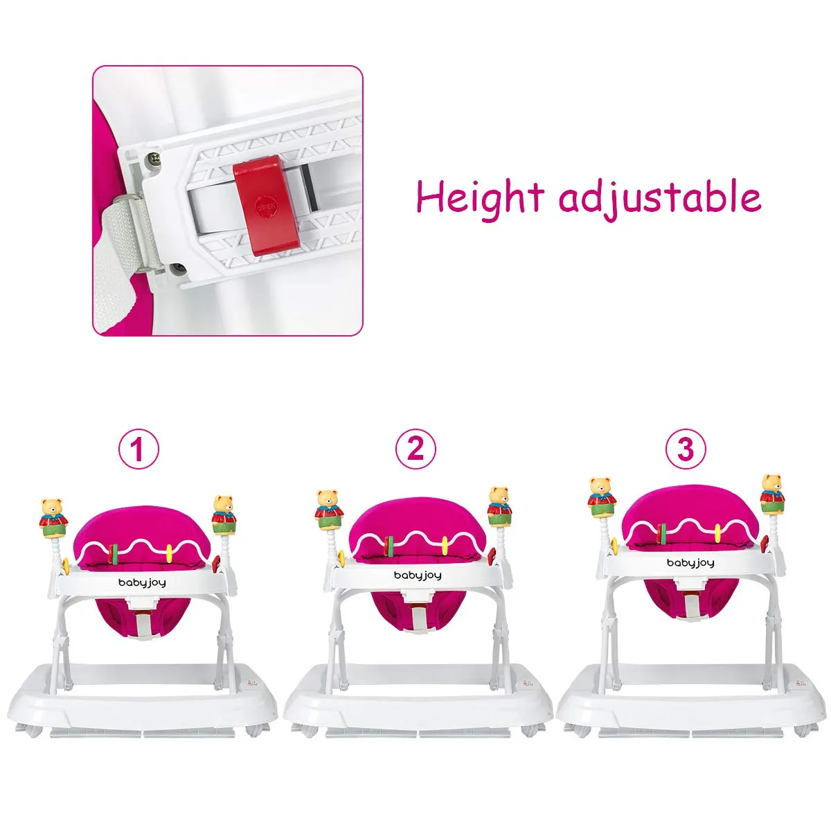 BABY JOY Baby Walker, Foldable Activity Walker Helper with Adjustable Height, Baby Activity Walker with High Back Padded Seat & Bear Toys (Pink)