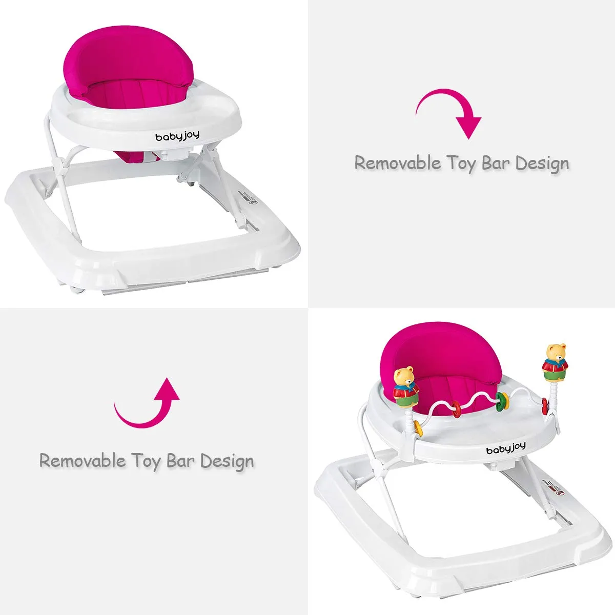 BABY JOY Baby Walker, Foldable Activity Walker Helper with Adjustable Height, Baby Activity Walker with High Back Padded Seat & Bear Toys (Pink)