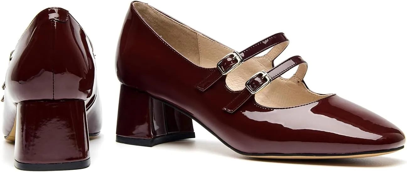 BEAU TODAY Mary Jane Pumps for Women, Women’s Chunky Heels Mary Janes Shoes, Patent Leather Pumps Platform Closed Square Toe Comfortable Buckle Strap Dress Shoes for Women