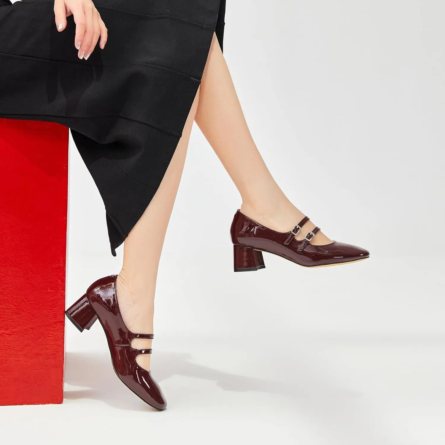 BEAU TODAY Mary Jane Pumps for Women, Women’s Chunky Heels Mary Janes Shoes, Patent Leather Pumps Platform Closed Square Toe Comfortable Buckle Strap Dress Shoes for Women