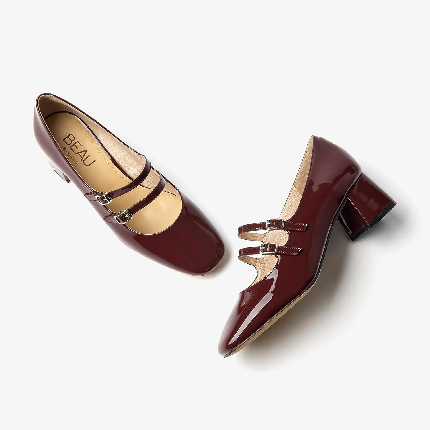 BEAU TODAY Mary Jane Pumps for Women, Women’s Chunky Heels Mary Janes Shoes, Patent Leather Pumps Platform Closed Square Toe Comfortable Buckle Strap Dress Shoes for Women