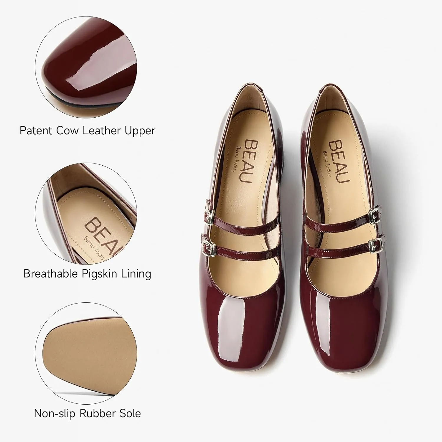 BEAU TODAY Mary Jane Pumps for Women, Women’s Chunky Heels Mary Janes Shoes, Patent Leather Pumps Platform Closed Square Toe Comfortable Buckle Strap Dress Shoes for Women