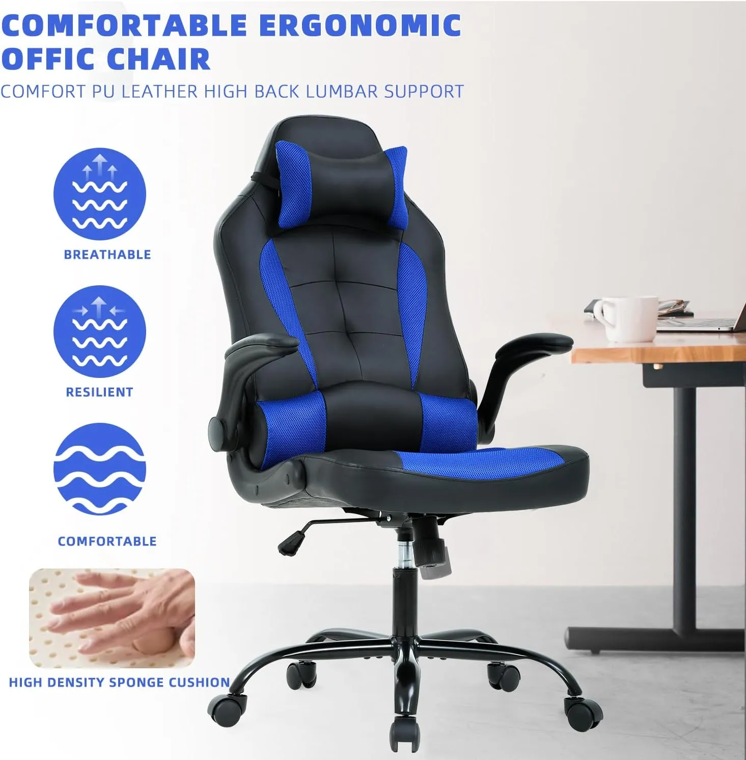 Big Tall Gaming Chair - Ergonomic Office Chair with Height Adjustable Tiltable Lumbar Support, Blue