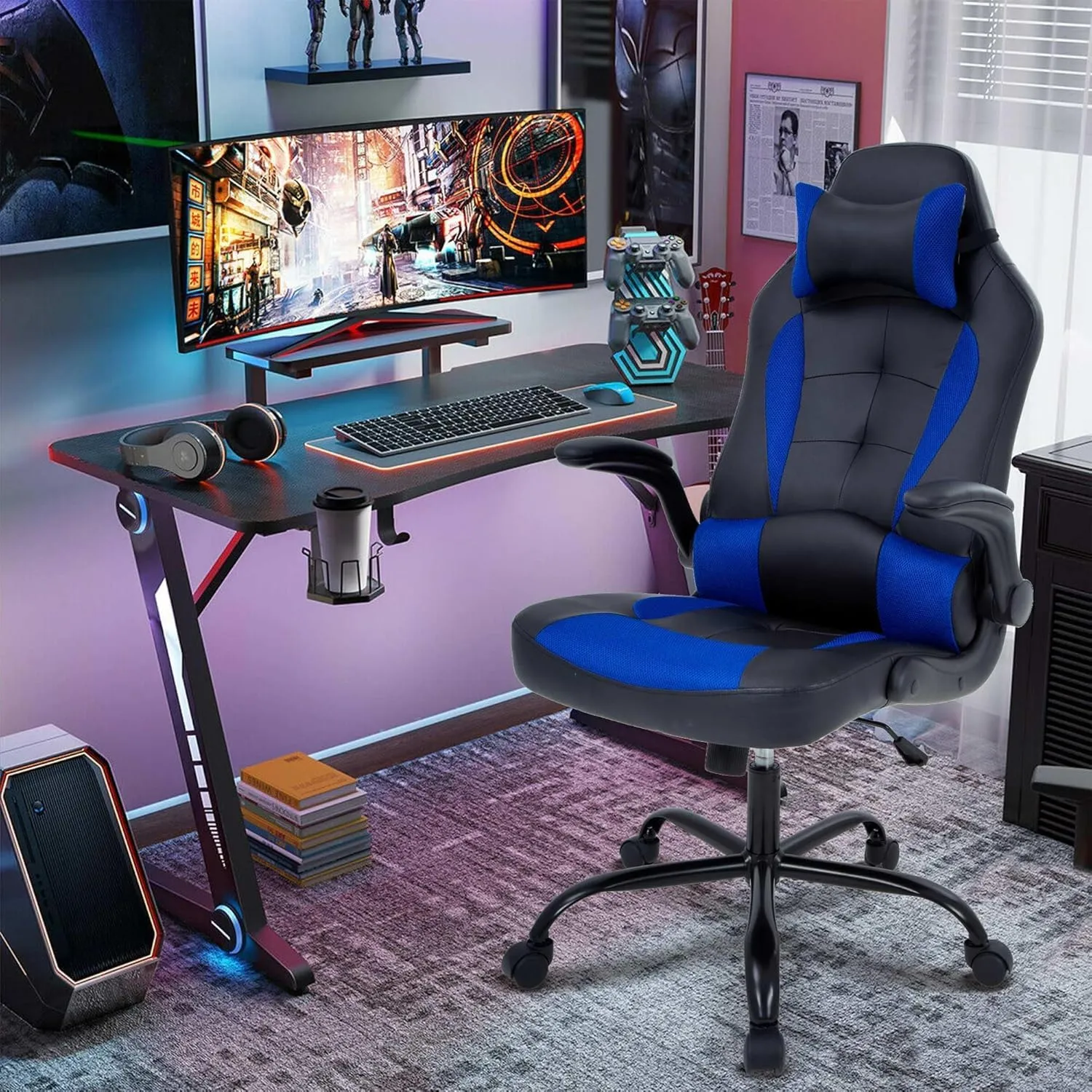 Big Tall Gaming Chair - Ergonomic Office Chair with Height Adjustable Tiltable Lumbar Support, Blue