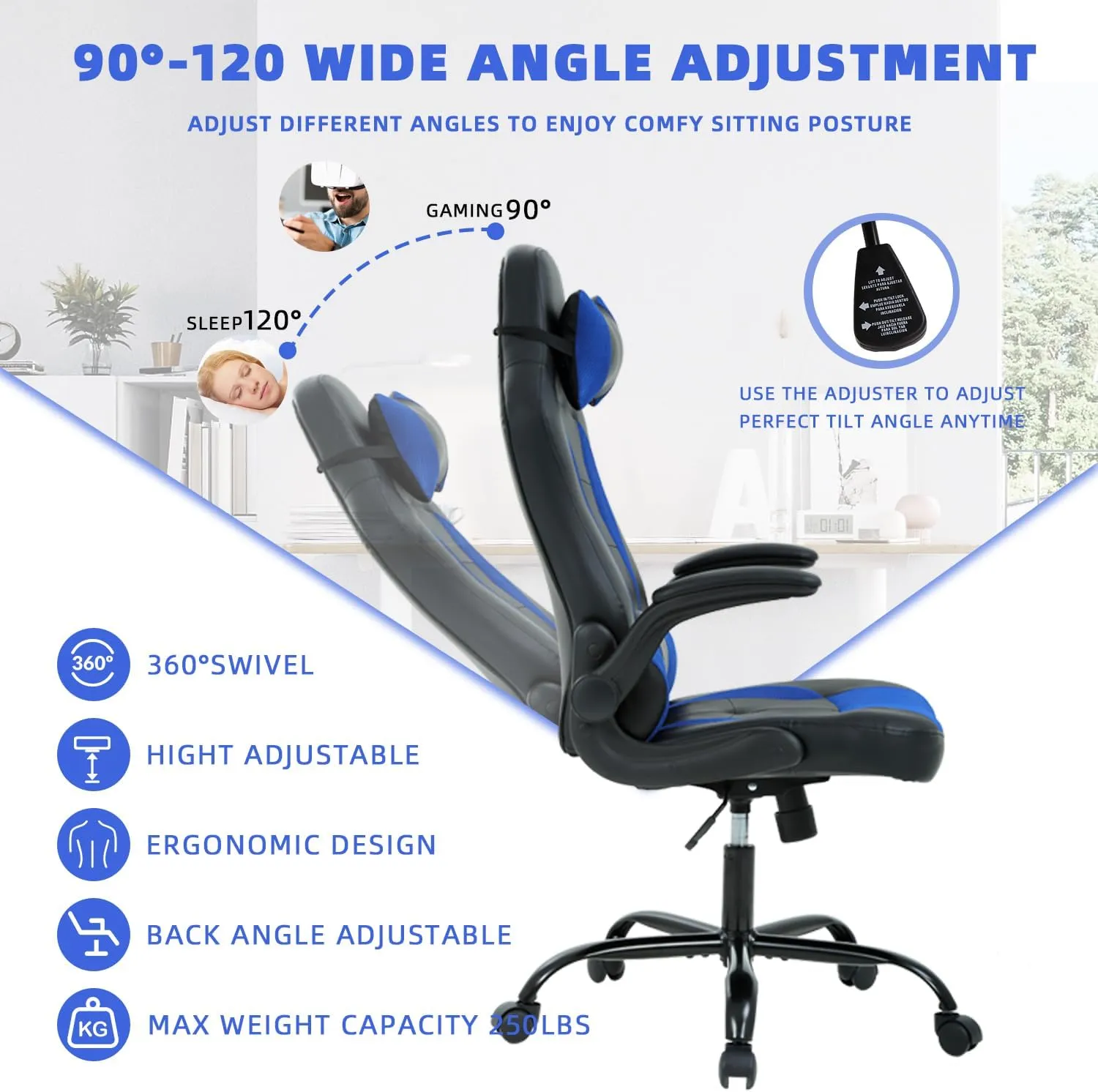 Big Tall Gaming Chair - Ergonomic Office Chair with Height Adjustable Tiltable Lumbar Support, Blue