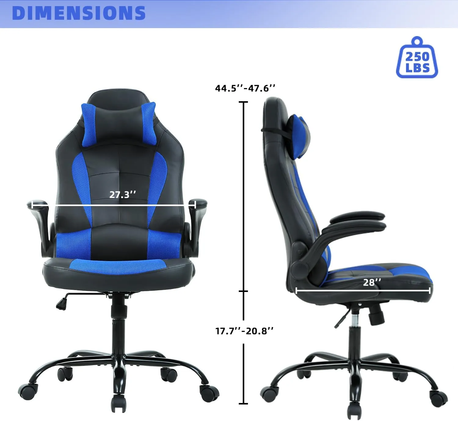 Big Tall Gaming Chair - Ergonomic Office Chair with Height Adjustable Tiltable Lumbar Support, Blue