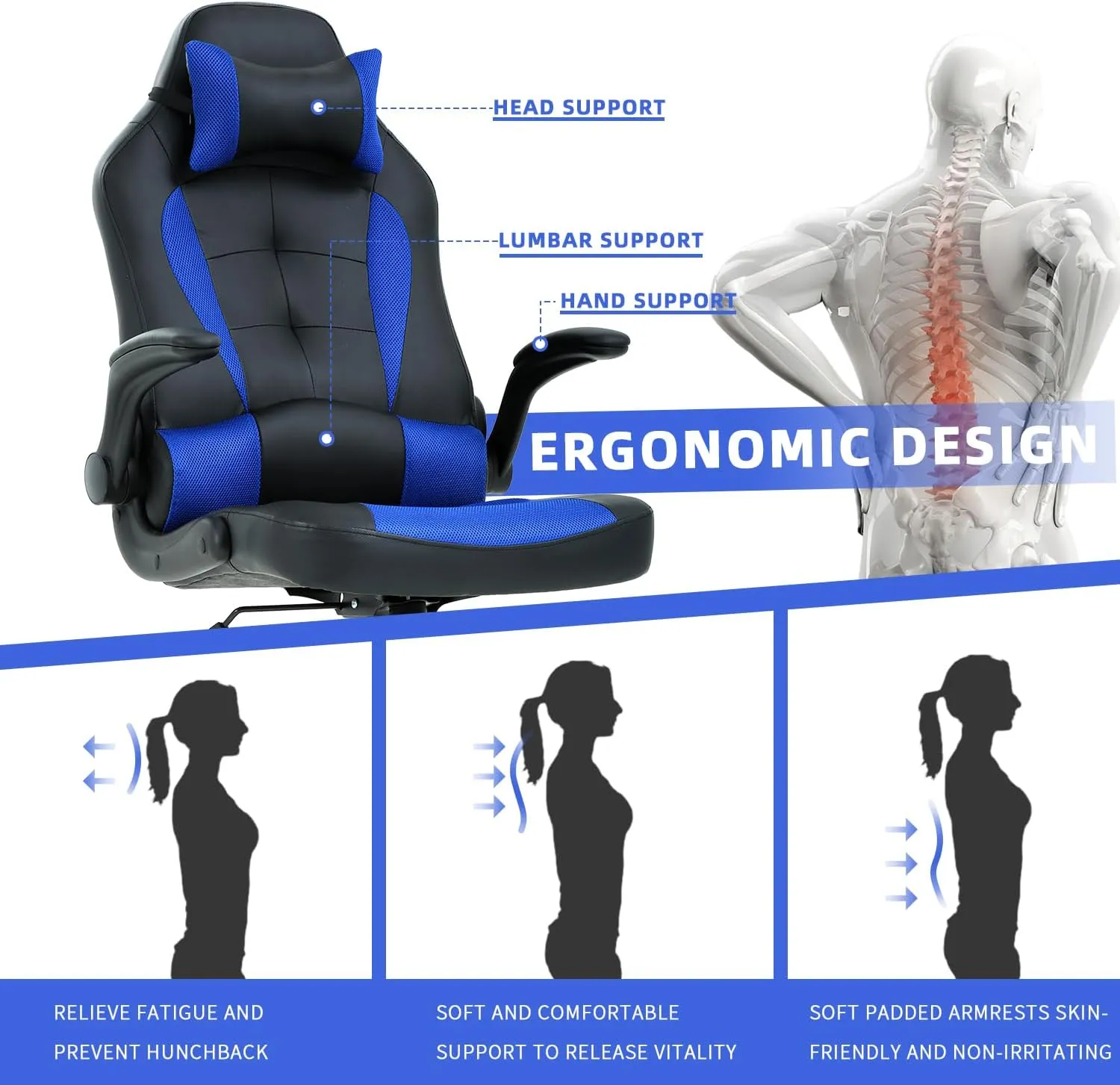 Big Tall Gaming Chair - Ergonomic Office Chair with Height Adjustable Tiltable Lumbar Support, Blue