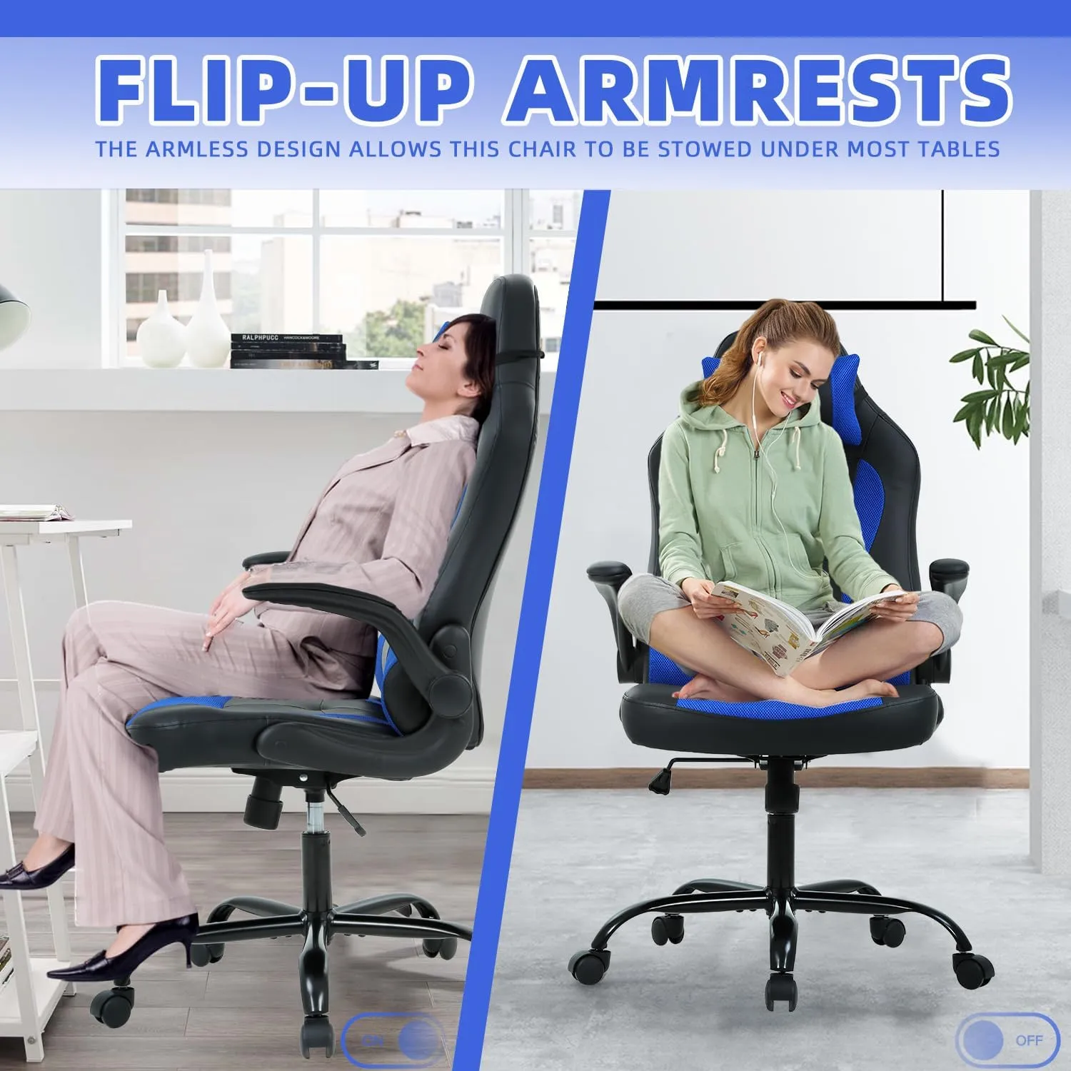 Big Tall Gaming Chair - Ergonomic Office Chair with Height Adjustable Tiltable Lumbar Support, Blue