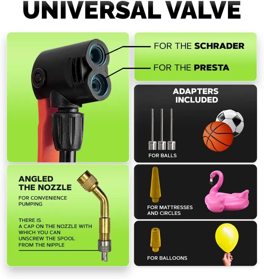 Bike Pump Floor, Advanced Bike Tire Inflator, Bicycle Hand Air Pump with Dual Presta and Schrader Valves, Handheld Bike Pump, Suitable for Road and Mountain Bikes, Baby Stroller, Balls