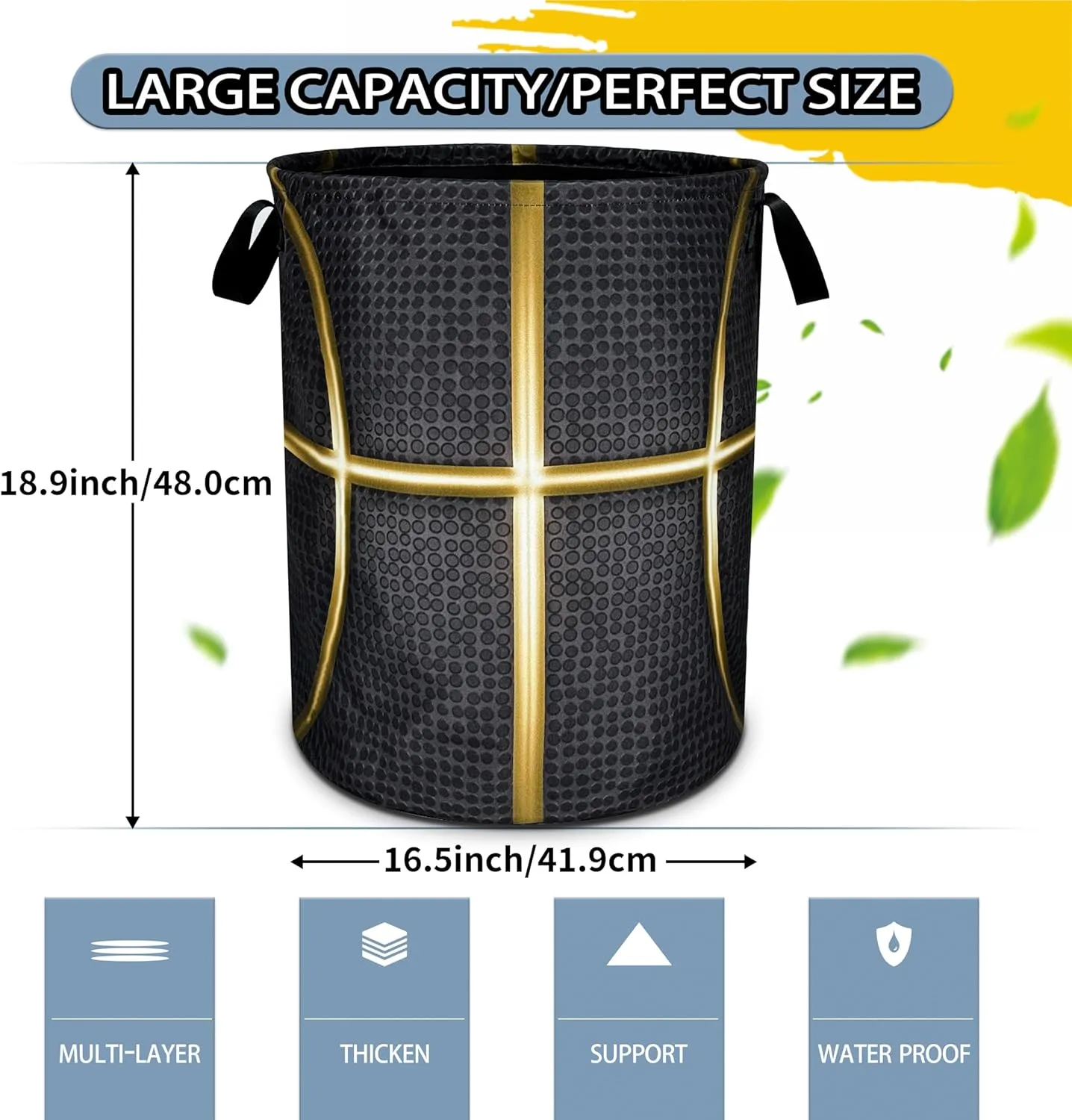 Black And Gold Basketball Laundry Basket Foldable Oxford Cloth Funny Tote Bag Laundry Hamper Clothes Storage Bucket Toy Organizer For Bathroom/Laundry Storage/Bedroom 18.9x16.5 Inch