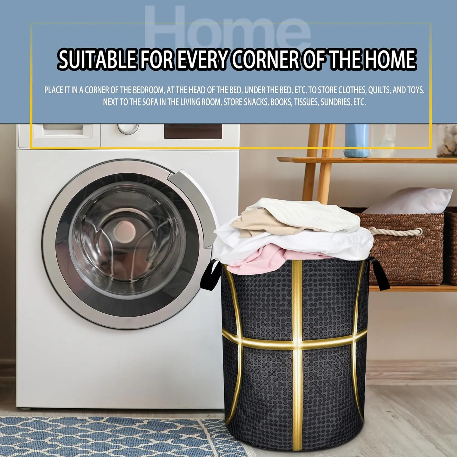 Black And Gold Basketball Laundry Basket Foldable Oxford Cloth Funny Tote Bag Laundry Hamper Clothes Storage Bucket Toy Organizer For Bathroom/Laundry Storage/Bedroom 18.9x16.5 Inch