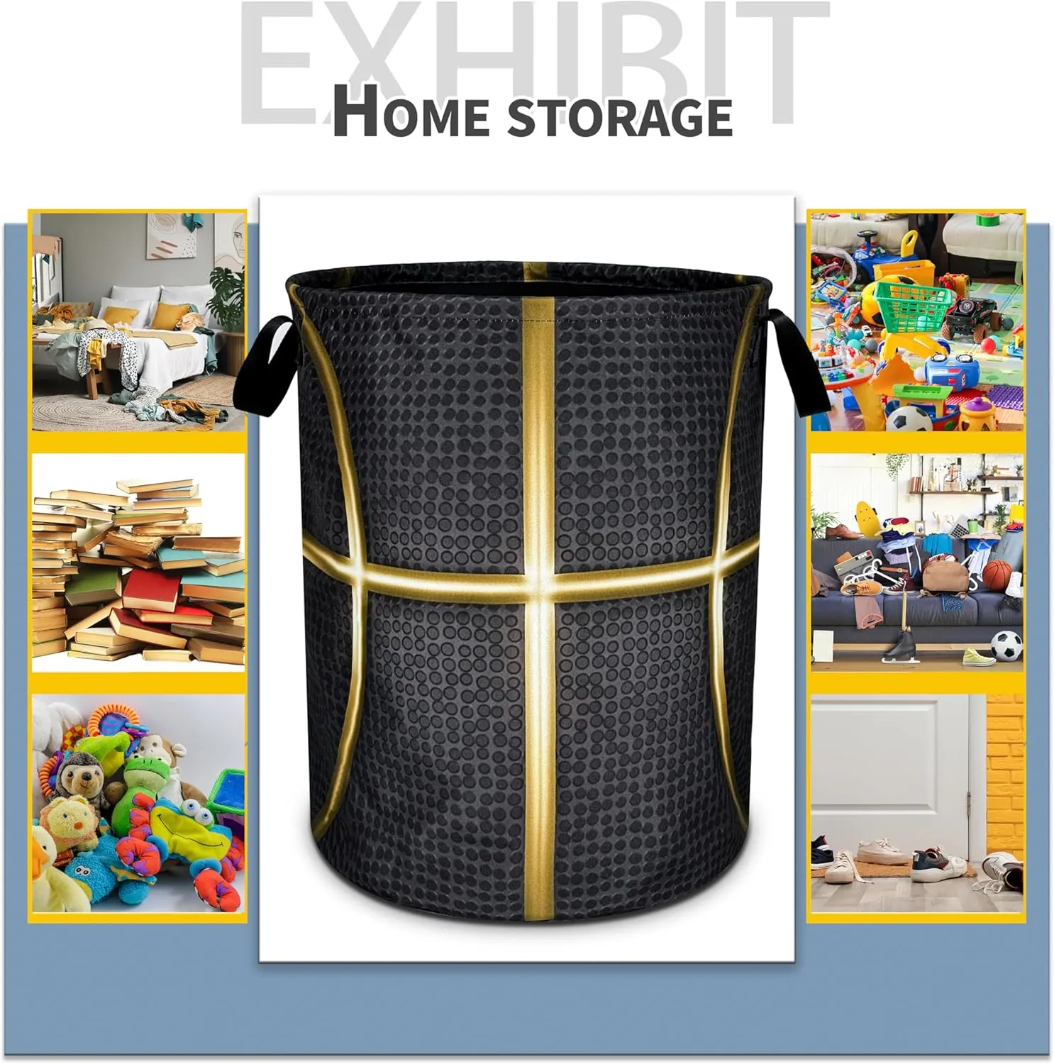 Black And Gold Basketball Laundry Basket Foldable Oxford Cloth Funny Tote Bag Laundry Hamper Clothes Storage Bucket Toy Organizer For Bathroom/Laundry Storage/Bedroom 18.9x16.5 Inch