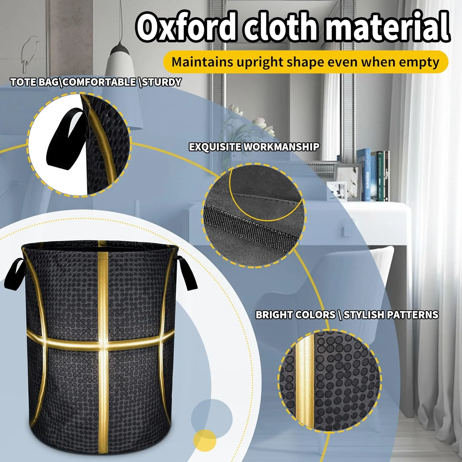 Black And Gold Basketball Laundry Basket Foldable Oxford Cloth Funny Tote Bag Laundry Hamper Clothes Storage Bucket Toy Organizer For Bathroom/Laundry Storage/Bedroom 18.9x16.5 Inch