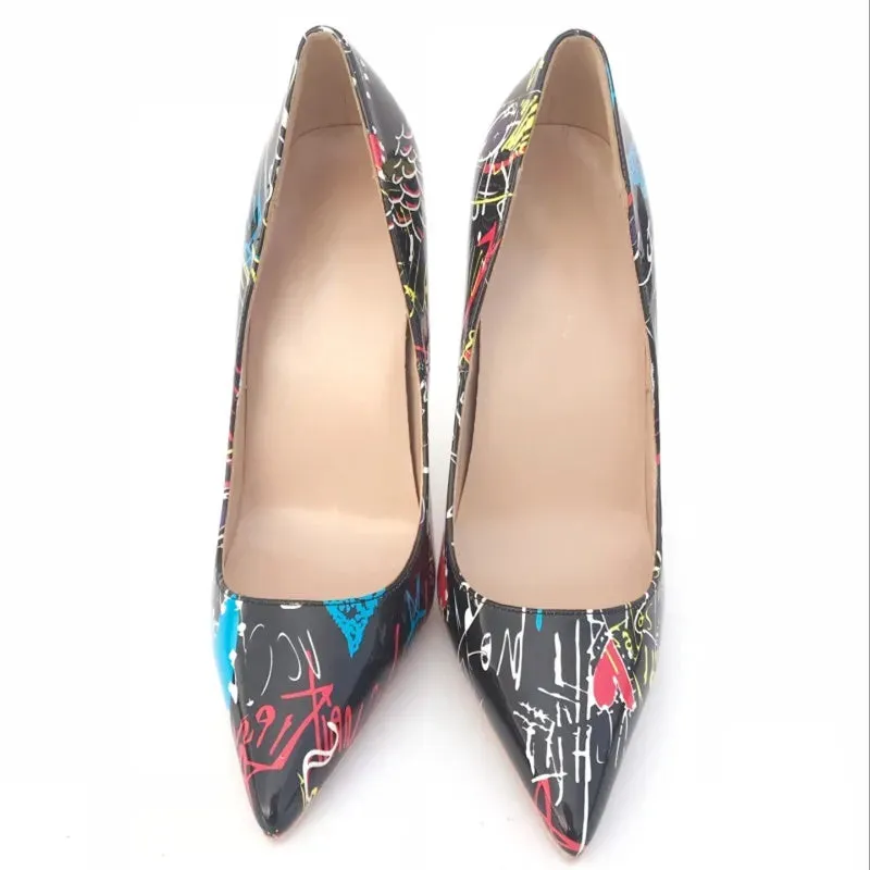 Black high-heeled graffiti shoes