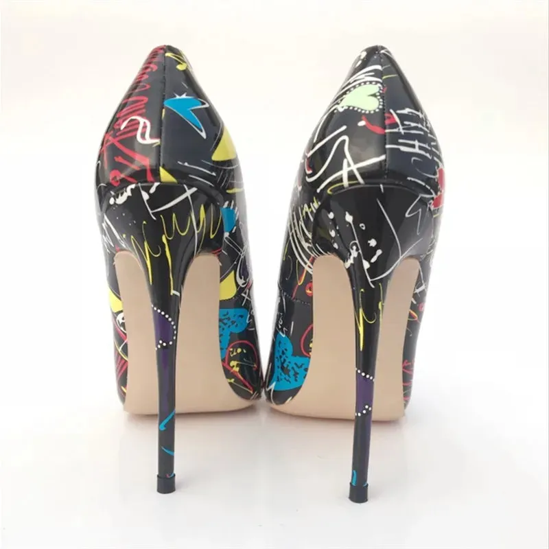 Black high-heeled graffiti shoes